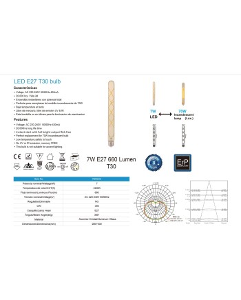 BOMBILLA LED VINTAGE AMBAR  T30 – 30cm - E27 – 7W - 2400K